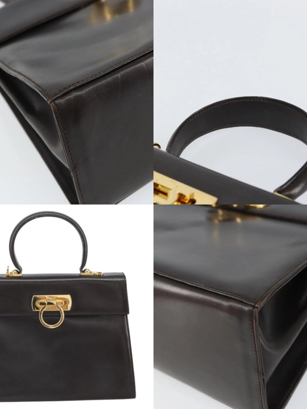 Salvatore Ferragamo Gancini Hand Bag Leather 2way Brown Gold Auth 162468 - Picture 13 of 15